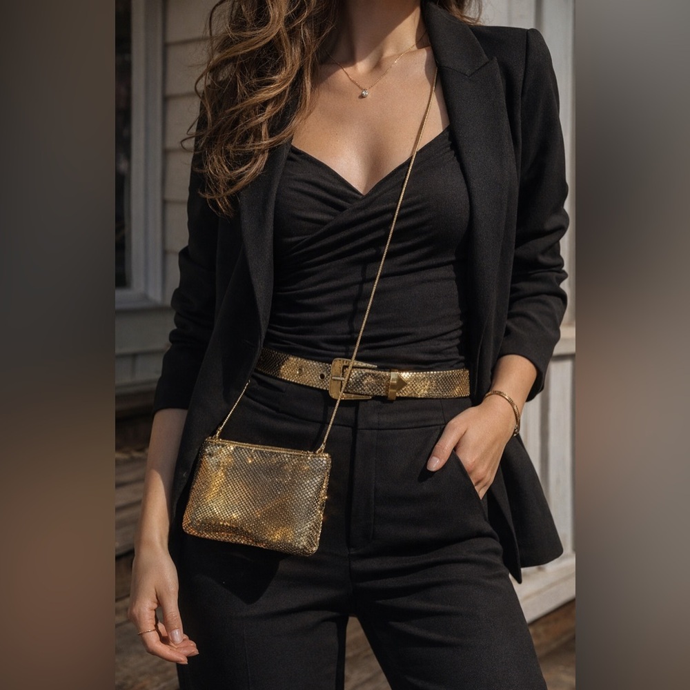 Whiting & Davis Gold Mesh Bag & Belt Set Vintage Metal Evening